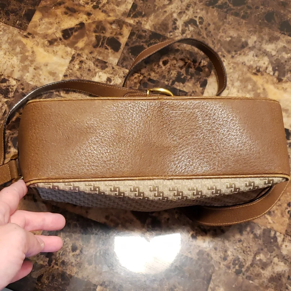Vintage Gucci GG Diagonal Monogram Canvas Camera Bag with Leather Trim and Strap